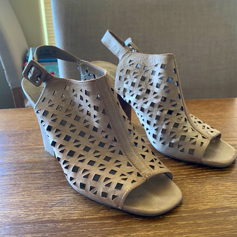 Laser cutout heeled sandals, gently worn